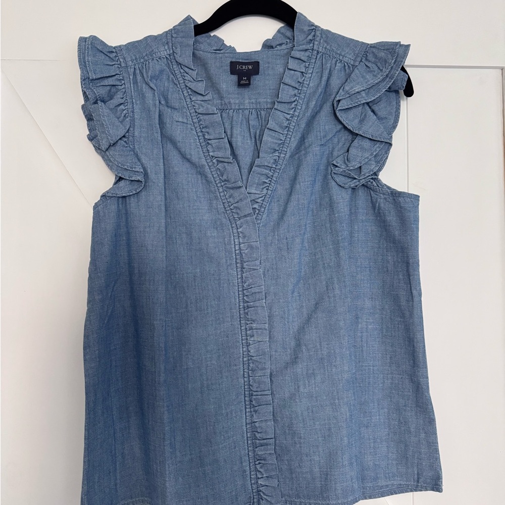 J. Crew Chambray Ruffle Sleeve Blouse
